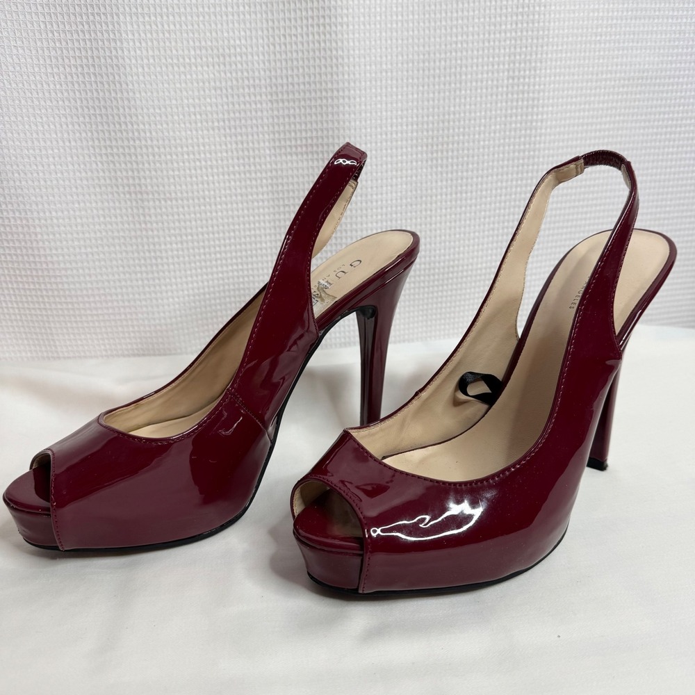 Guess Womens Layla Burgundy Patent Peep Toe Slingback Platform Heels 8.5M